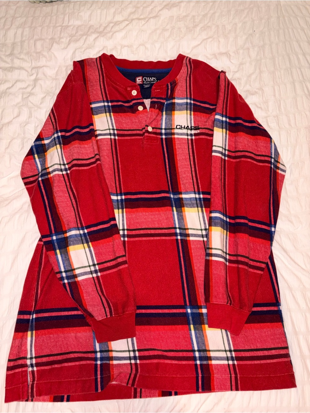 Chaps Red Plaid Long Sleeve Henley Top with Navy & Yellow Accents